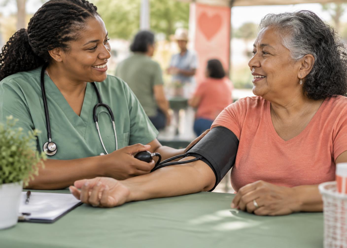 A healthcare professional and community member talking during a blood pressure check